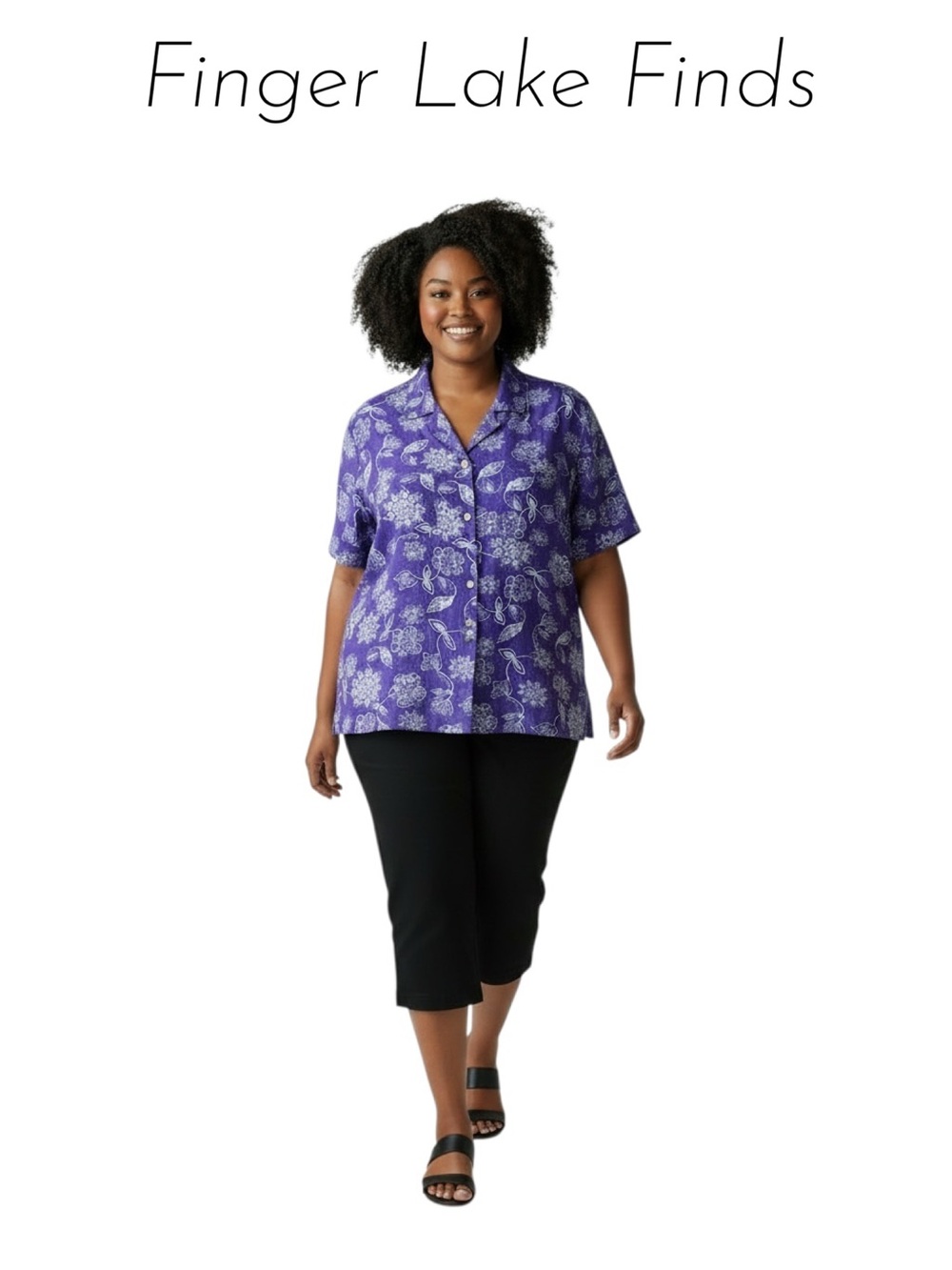 Purple Floral Print Linen Blend Short-Sleeve Shirt, 1X